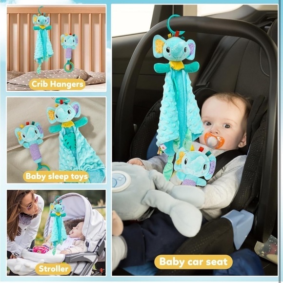 Brand New Baby Carseat Stroller Toy Security Blanket & Rattle Set Blue Elephant - Picture 3 of 13